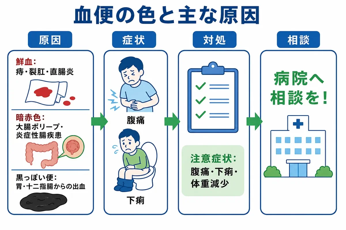 血便の色と主な原因(鮮血・暗赤色・黒っぽい便)と受診までの流れの図解