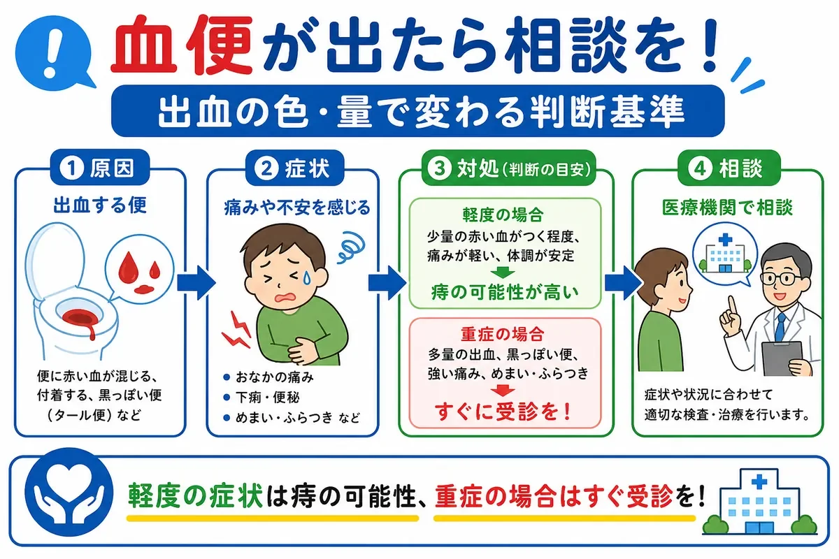 出血の色と量から軽症・重症を判断する受診の目安の図解