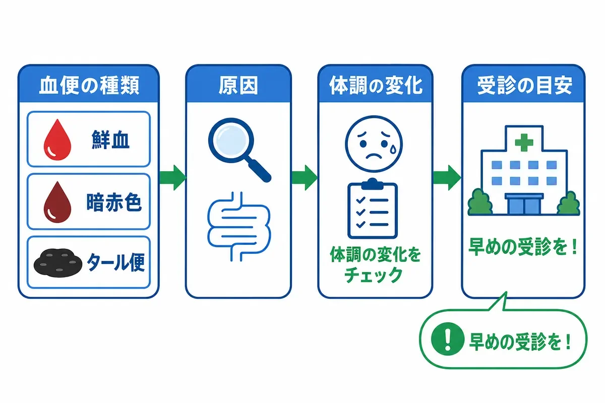 血便の種類から原因・体調の変化・受診の目安までを示した図解
